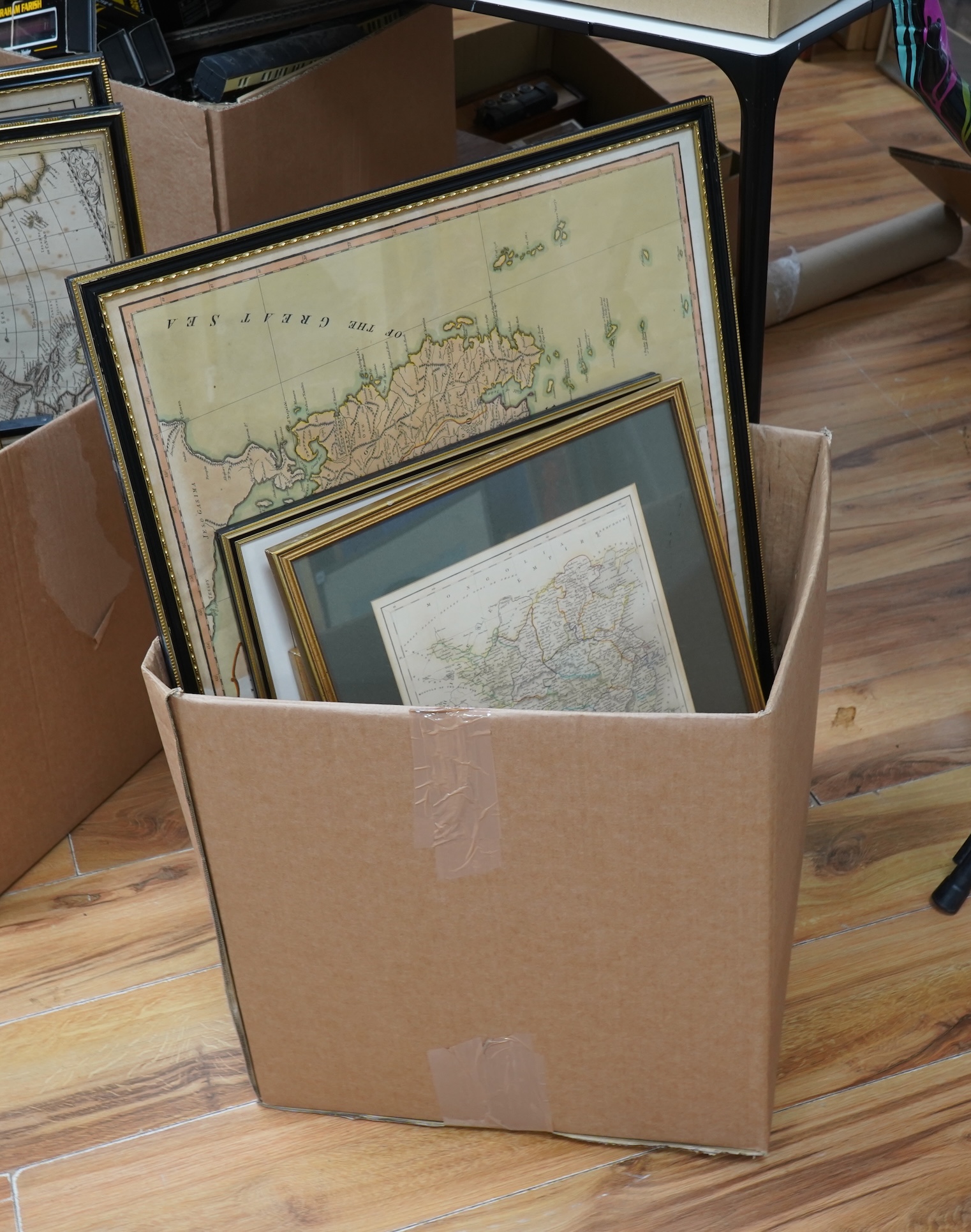 A collection of six maps and engravings to include: The Empire of Japan, printed by Laurie & Whittle, 1794 and China Proper from Gilberts Modern Atlas, framed
